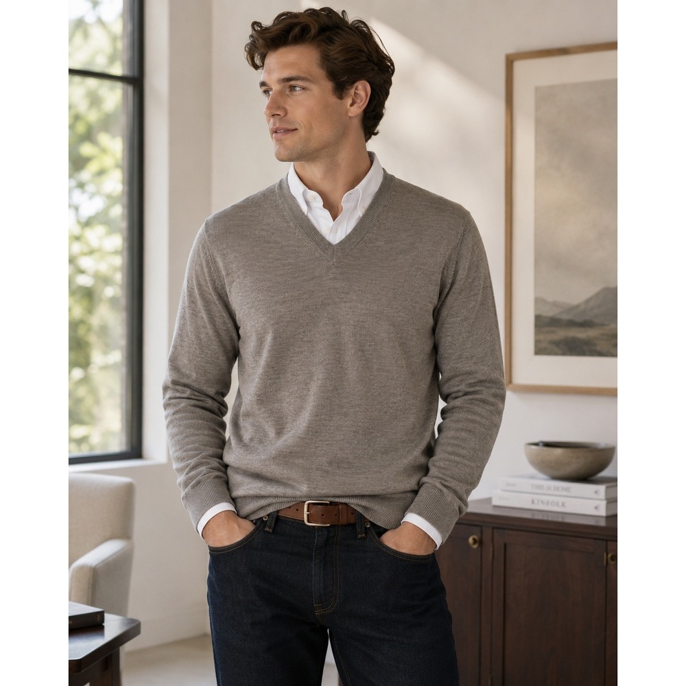 Hickey Golf Mens 100% Merino Wool V-Neck Sweater Taupe Brown Size Medium